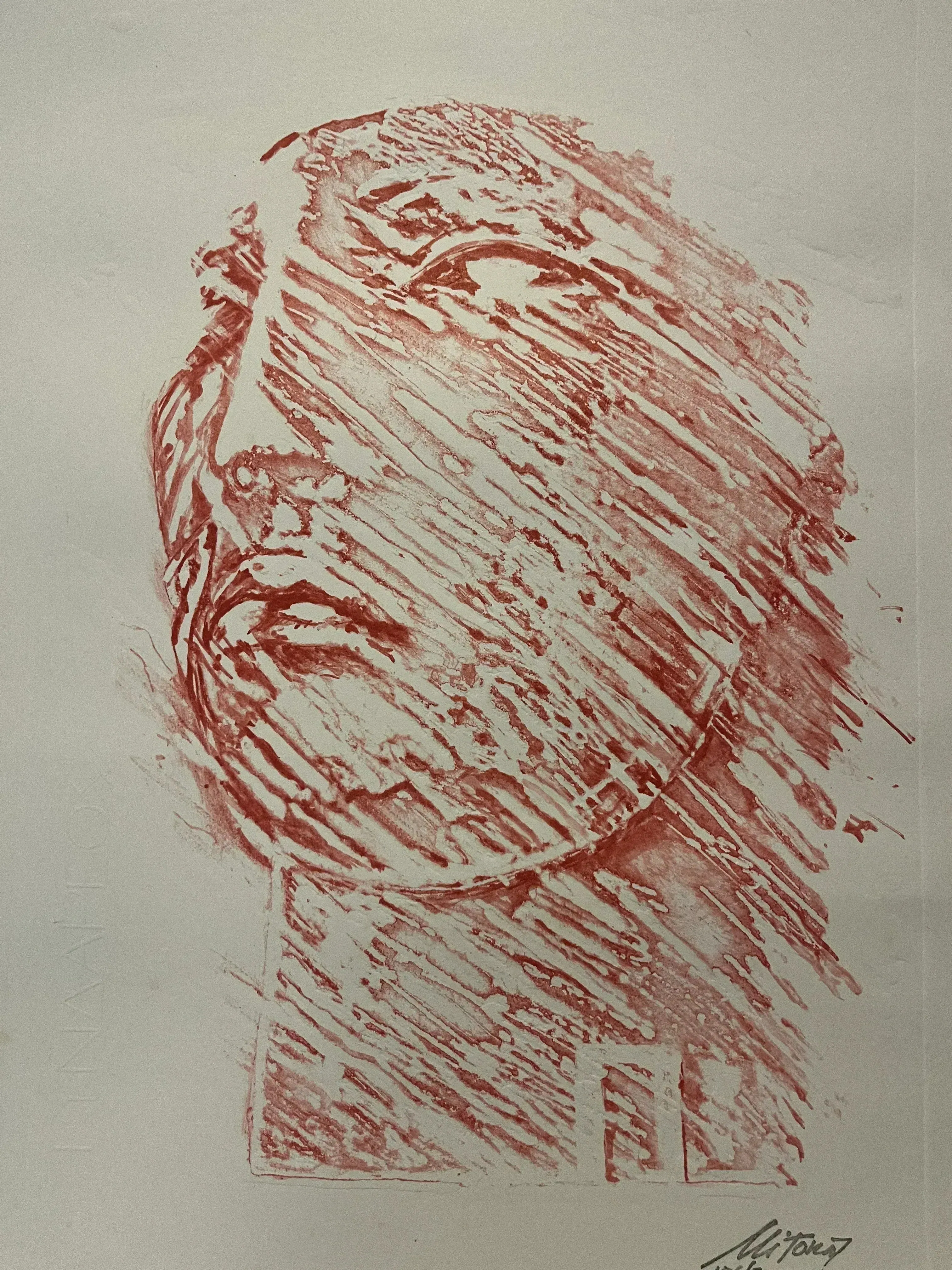 Tindareos sanguine lithograph — Igor Mitoraj, bandaged head in red chalk on white paper, signed